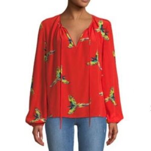 Diane von Furstenberg (DVF) Red Silk Blouse Women Sz 4 Aurora Bird Print